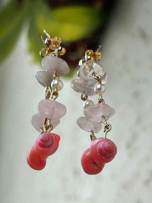 Rose Quartz & Pink Shell Earring 14K Gold Dangly Stud